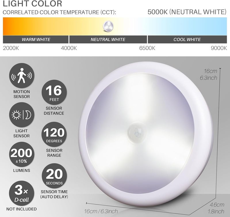 STAR-SPANGLED 6.3” Motion Sensor Ceiling Light Indoor AA or D-Cell Battery Operated for Hallway, Stairs, Basement, Garage, Laundry Area, Closet, Natural White, AA to D Battery Adapters Included - Image 4